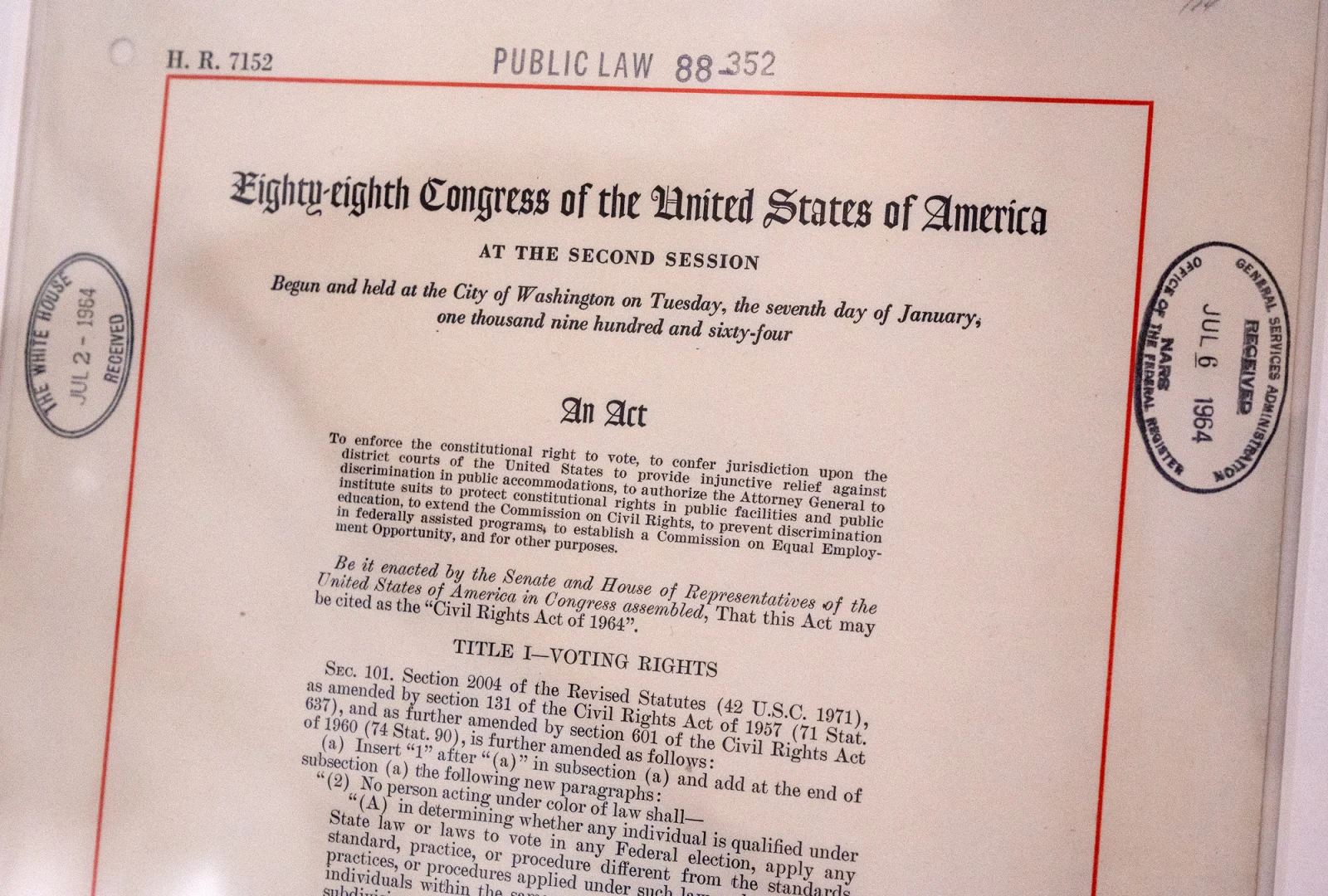 The first page of the enrolled Civil Rights Act of 1964, H.R. 7152, stamped Public Law 88-352 and received by the White House.