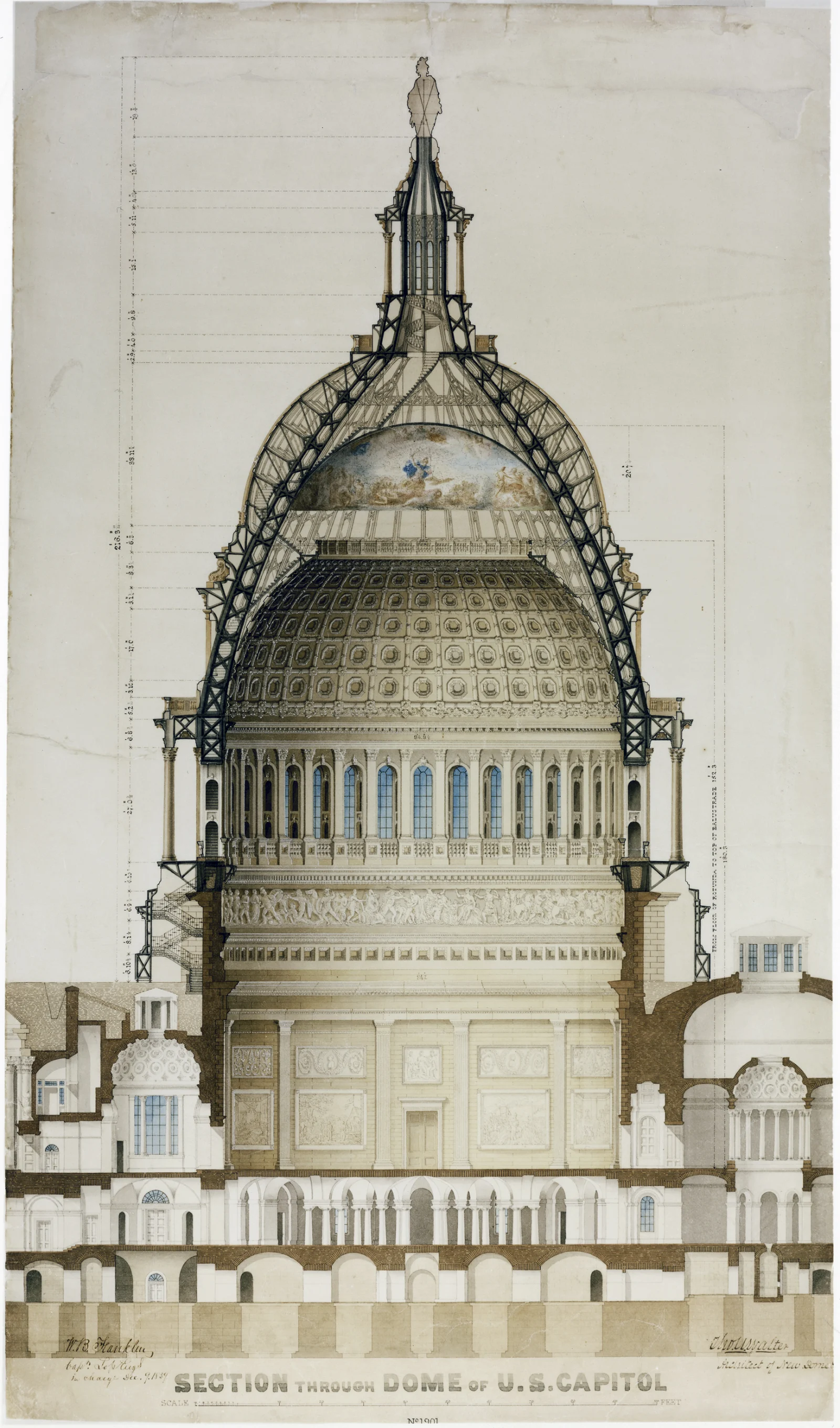 Architectural drawing cutting through the dome of the U.S. Capitol, showing its iron frame, inner dome and rotunda.