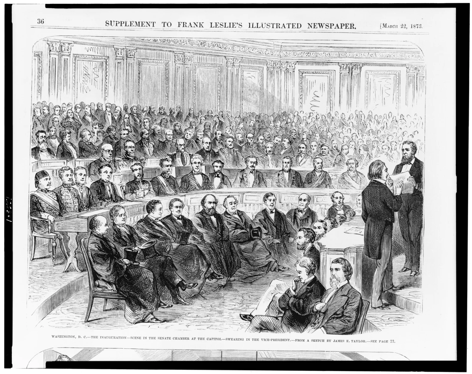 Engraving of a crowded Senate chamber during a swearing-in ceremony.